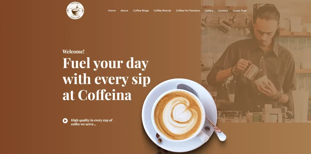 Professional WordPress redesign for Caffeina Coffee, a sustainably sourced coffee shop website designed by Mahabub.