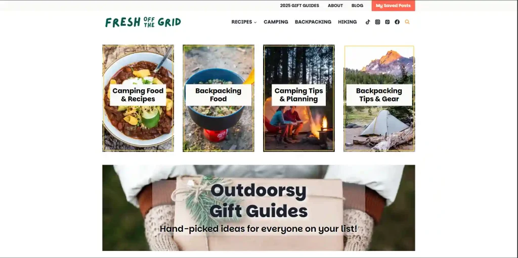 Modern WordPress redesign of Fresh Off The Grid food blog by Mahabub, featuring camping recipes and outdoor guides.