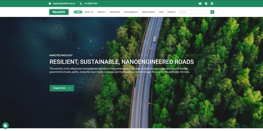 Professional WordPress website for Renolith Australia, showcasing nanoengineered road solutions and sustainable construction tech.