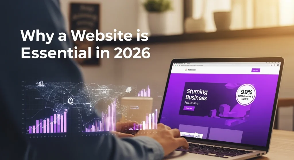 Professional small business website design on a laptop screen showing 2026 digital growth trends.